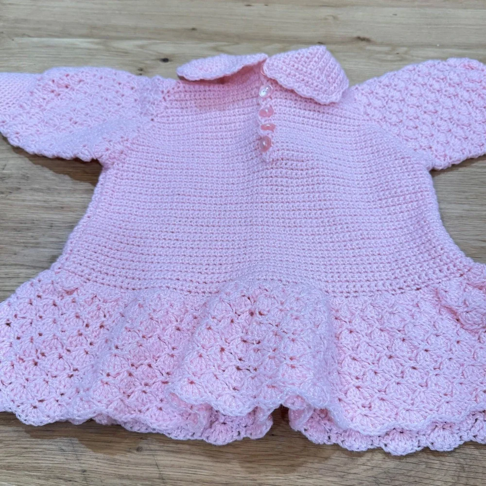Handmade Pink Crochet Baby Dress Shimmer Knit Peter Pan Collar Shell 12-18M